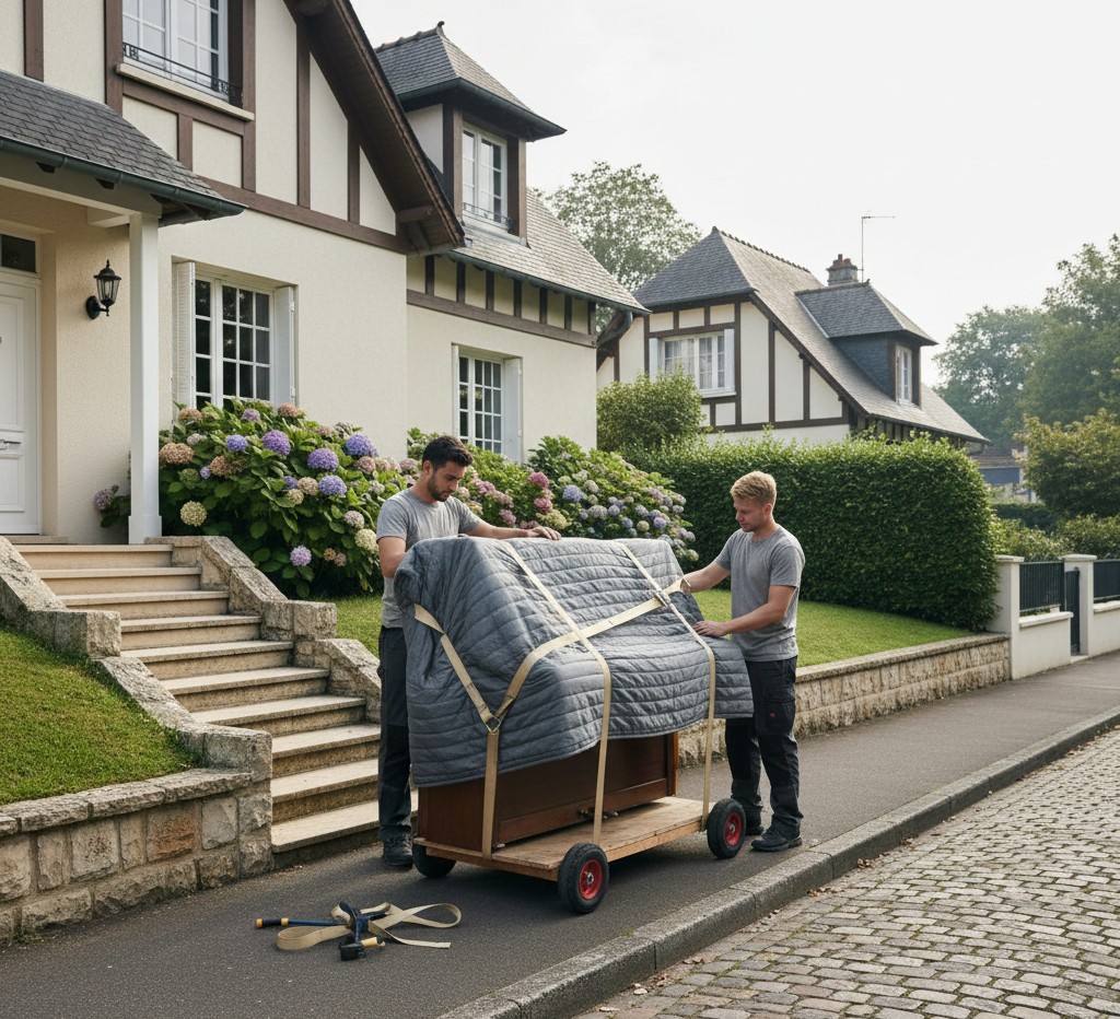Déménageurs manipulant un piano devant une maison résidentielle à Colombes.