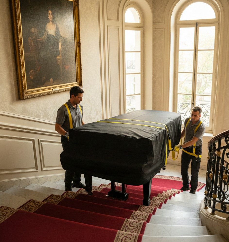 Déménageurs spécialisés transportant un piano dans un immeuble de Neuilly-sur-Seine.