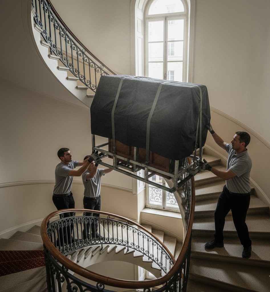 Manutention professionnelle d’un piano dans une cage d’escalier étroite en Île-de-France.