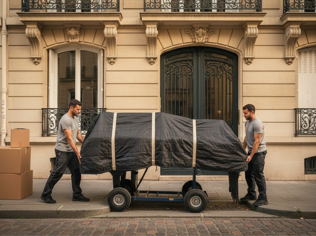 Déménageurs manipulant un piano devant un immeuble résidentiel de Malakoff.