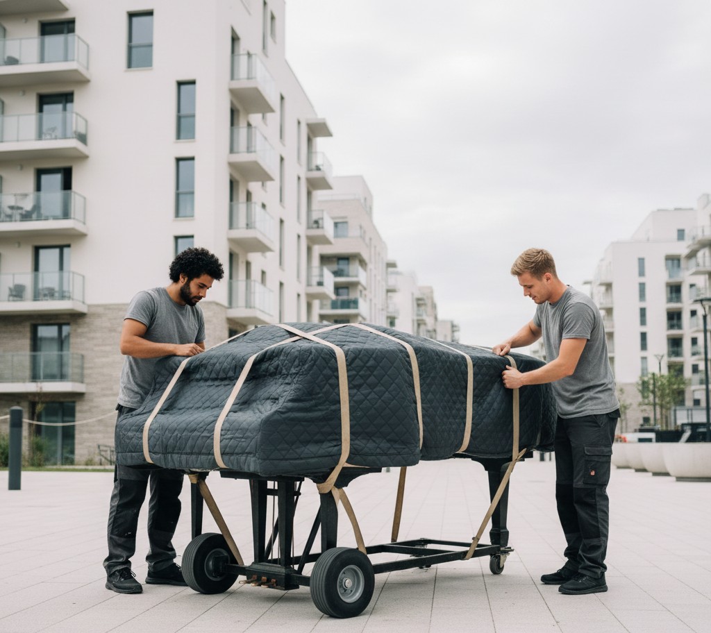 Manutention professionnelle d’un piano devant un immeuble moderne à Gennevilliers