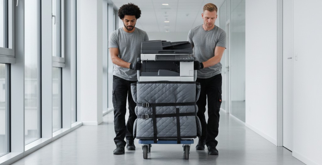 Déménageurs transportant un photocopieur professionnel dans un bureau.