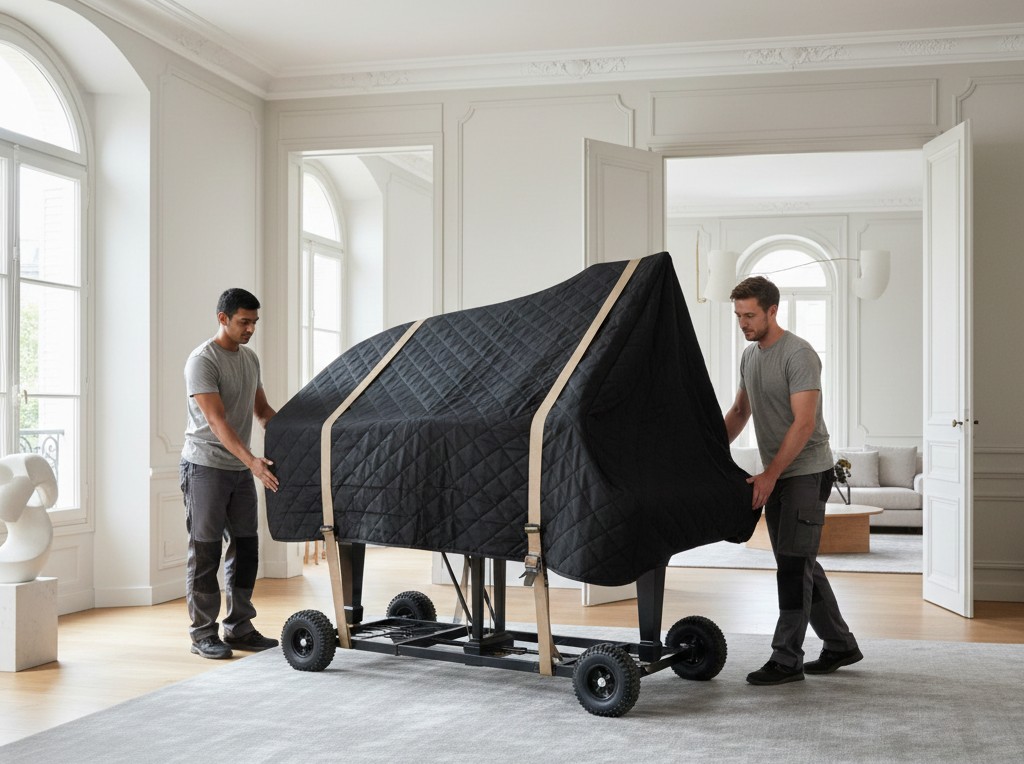 Déménageurs transportant un piano à queue dans un intérieur en Île-de-France.