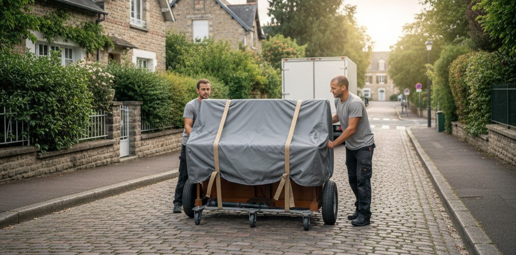 Déménageurs transportant un piano dans une rue résidentielle de Clamart.
