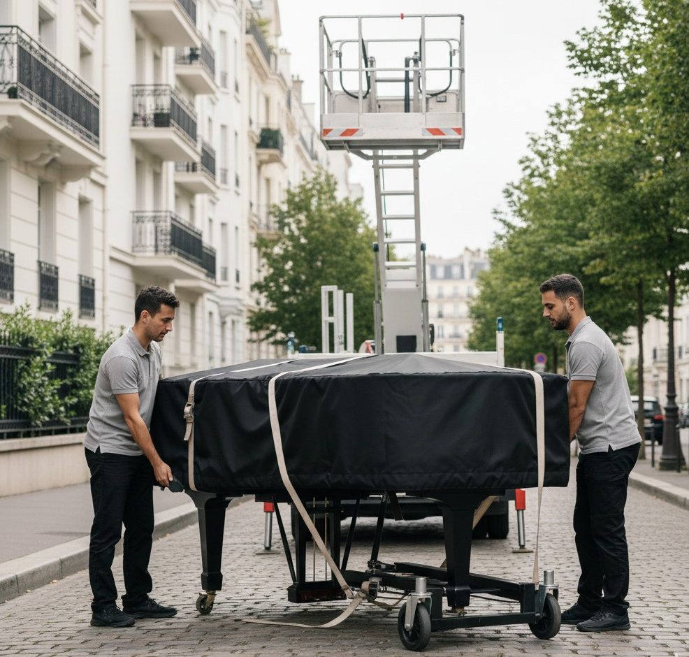 Déménageurs professionnels transportant un piano dans un immeuble de Courbevoie.