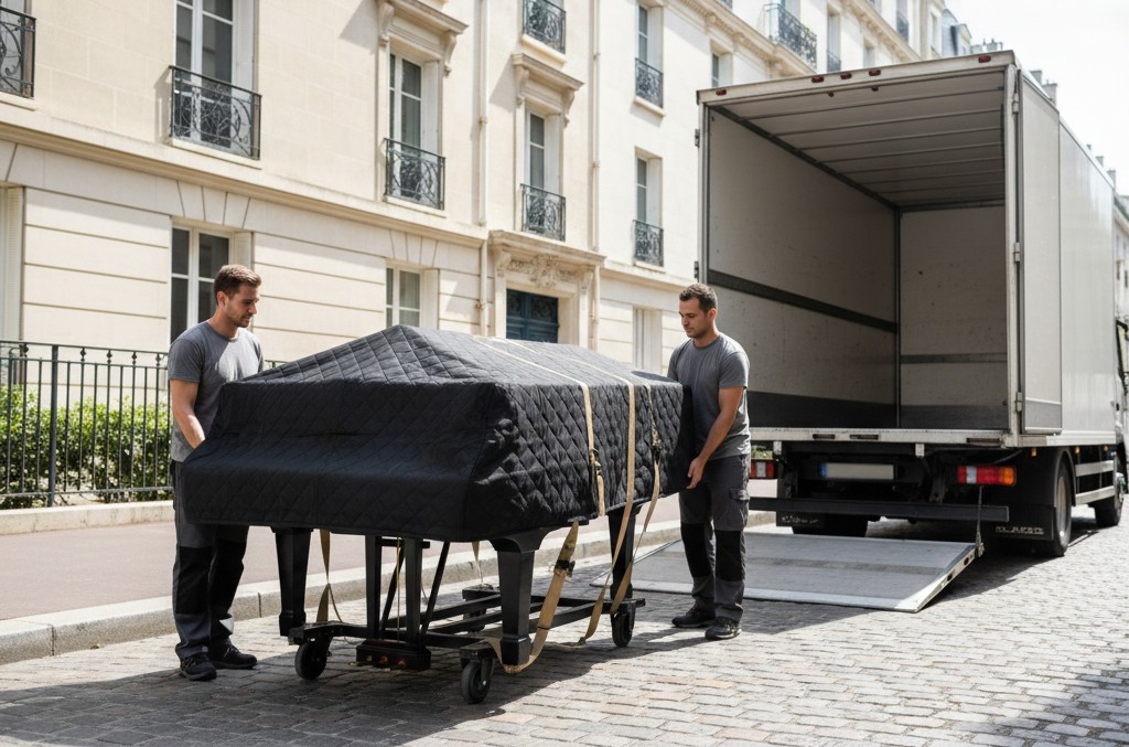 Déménageurs transportant un piano dans une rue résidentielle des Hauts-de-Seine.