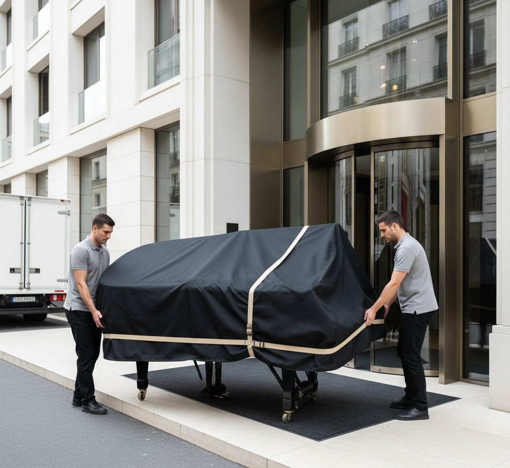Déménageurs professionnels transportant un piano dans un immeuble haut de gamme en Île-de-France.