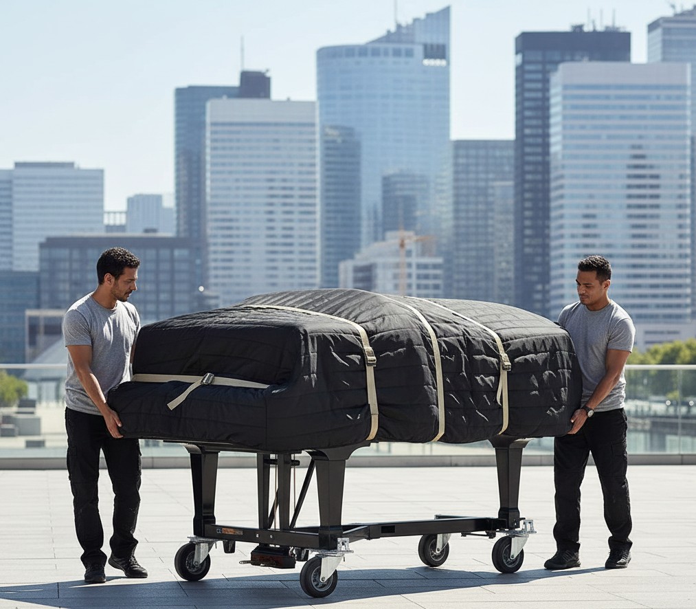 Déménageurs transportant un piano dans le quartier d’affaires de La Défense.