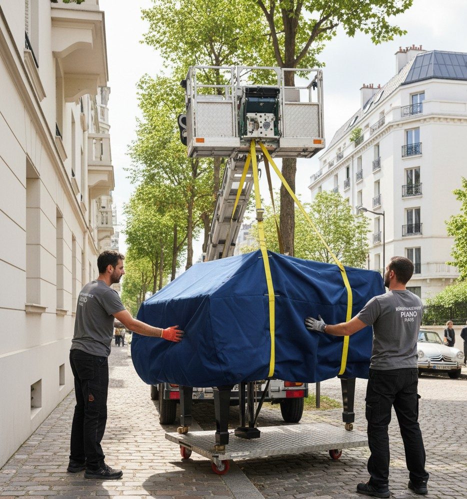 Déménageurs professionnels transportant un piano dans un immeuble de Levallois-Perret.