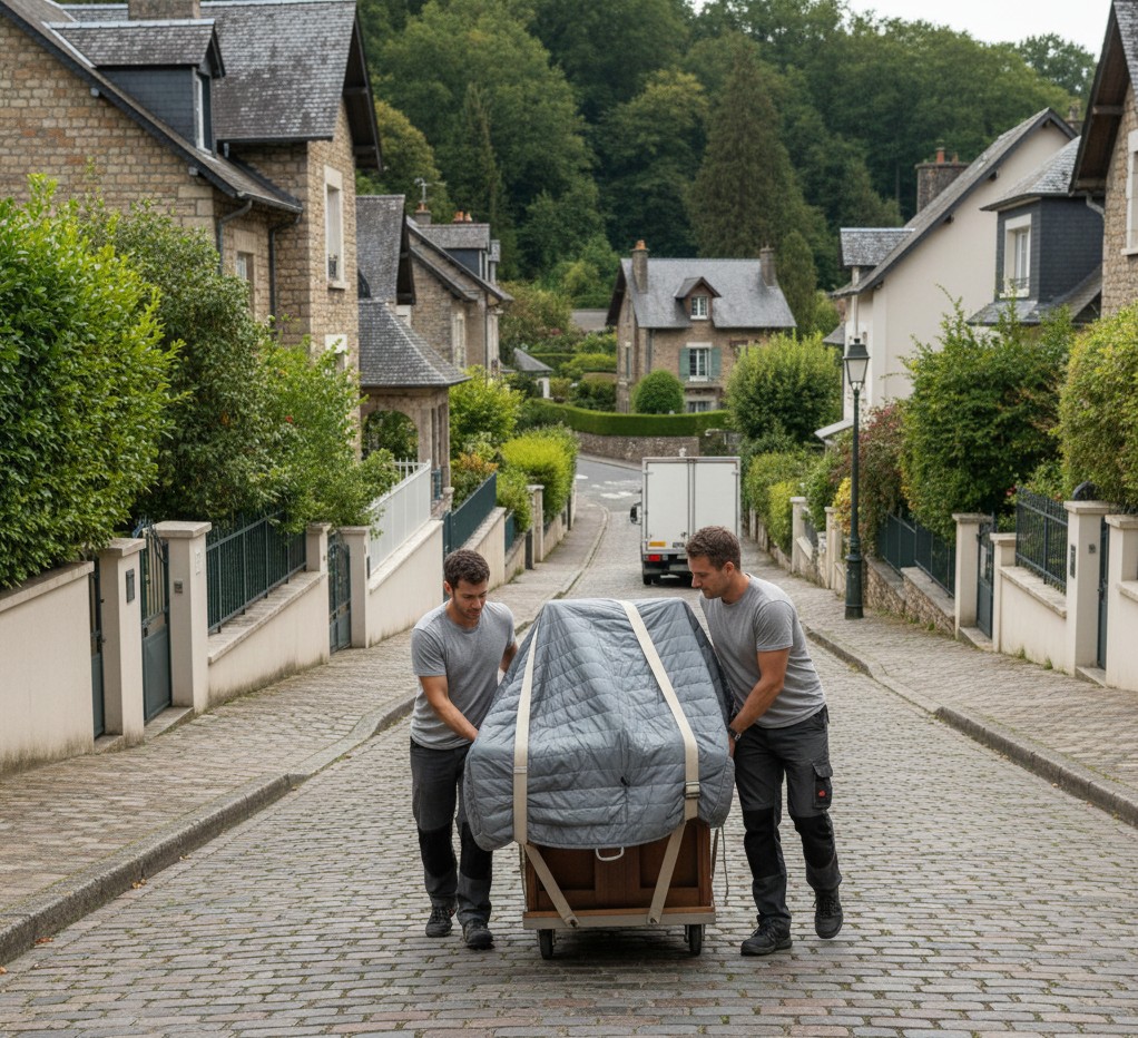 Déménageurs transportant un piano dans une rue pentue de Meudon.