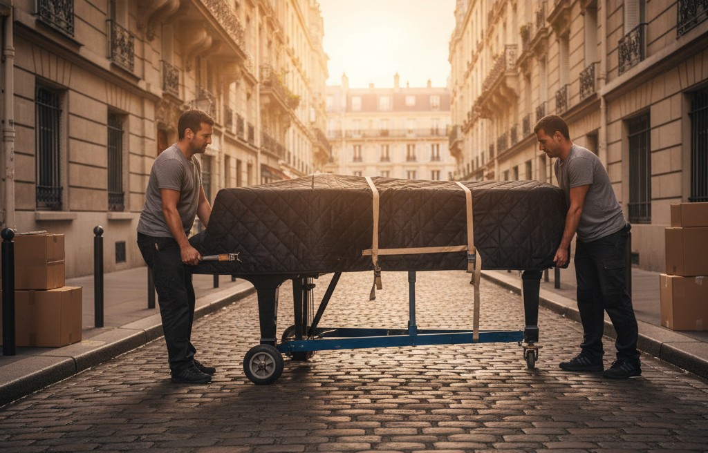 Déménageurs transportant un piano dans une rue de Montrouge au coucher du soleil.
