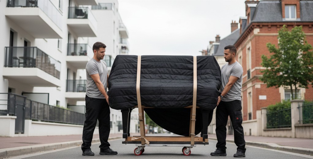 Déménageurs transportant un piano dans une rue résidentielle de Nanterre.