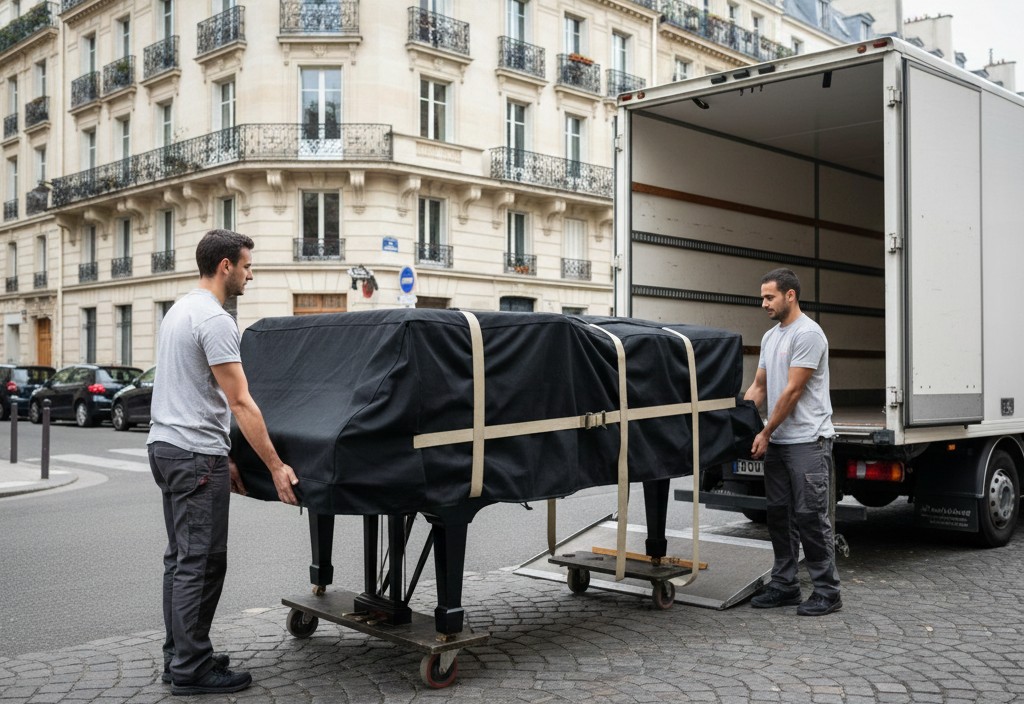Déménageurs transportant un piano dans une rue parisienne avec immeubles Haussmanniens.