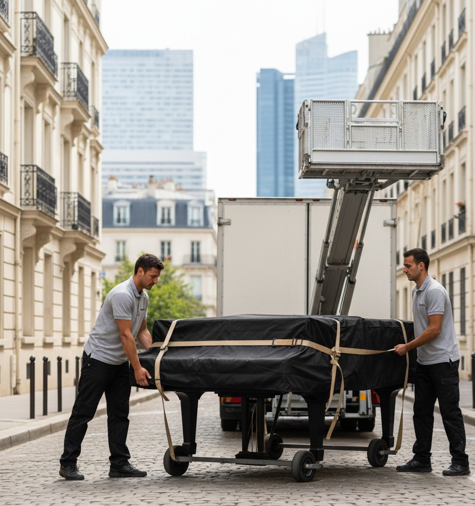 Déménageurs professionnels transportant un piano à Puteaux.