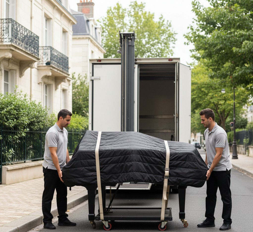 Transport d’un piano par des déménageurs professionnels à Rueil-Malmaison.