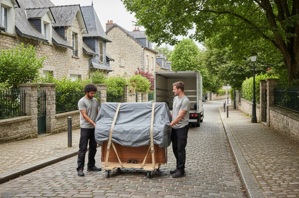 Déménageurs transportant un piano dans une rue résidentielle de Sèvres.