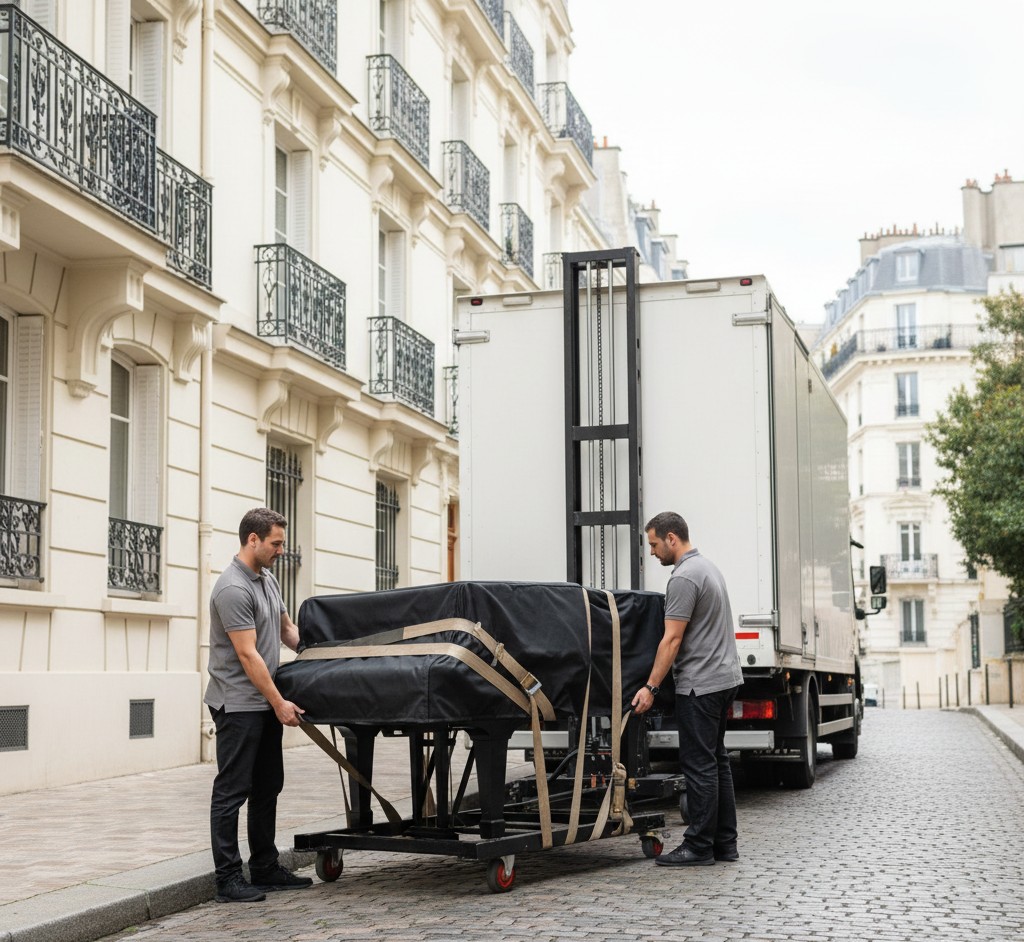 Déménageurs professionnels transportant un piano à Suresnes dans une rue en pente.