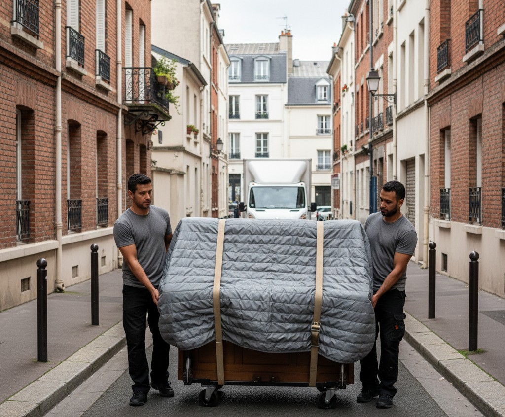 Déménageurs transportant un piano dans une rue étroite de Vanves.
