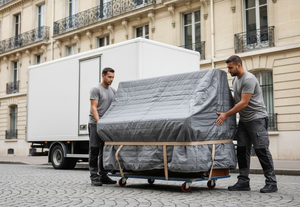 Déménageurs transportant un piano dans une rue de Versailles.
